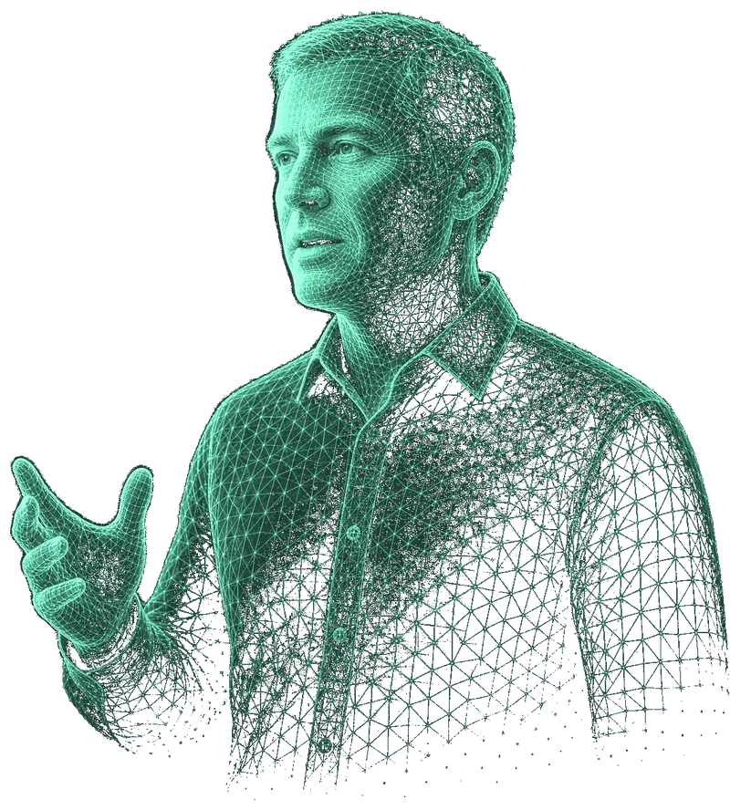 Consultor digital da SOIA, representado como uma figura em wireframe luminoso